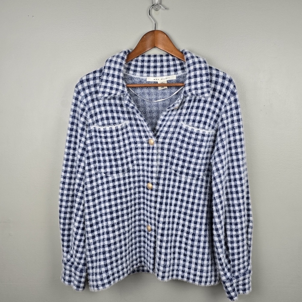 MAX STUDIO Fuzzy Shacket Sweater Blue‎ White Gingham Womens Size M Old Money